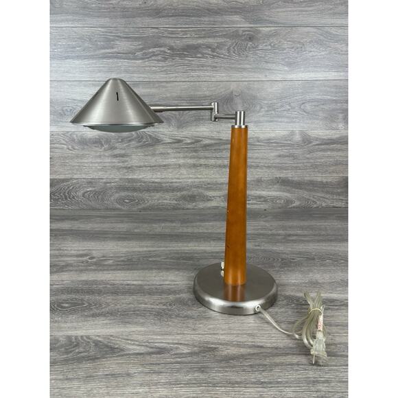 Vintage Mid Century Swing Arm Neck Wood Base Desk Lamp Halogen Adjustable Rare!